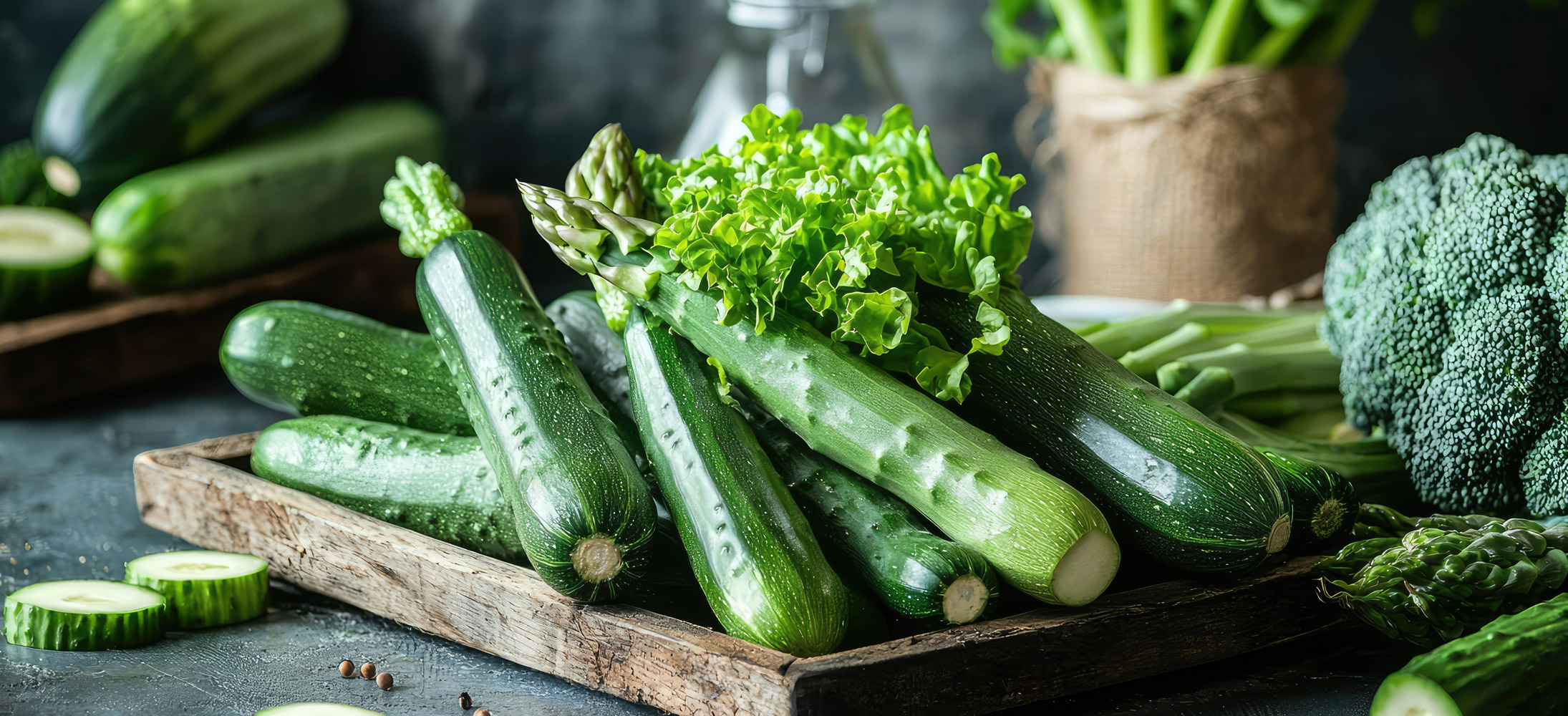 Πράσινα κολοκύθια, σπαράγγια και μπρόκολο: φρέσκα υλικά για υγιεινή διατροφή.