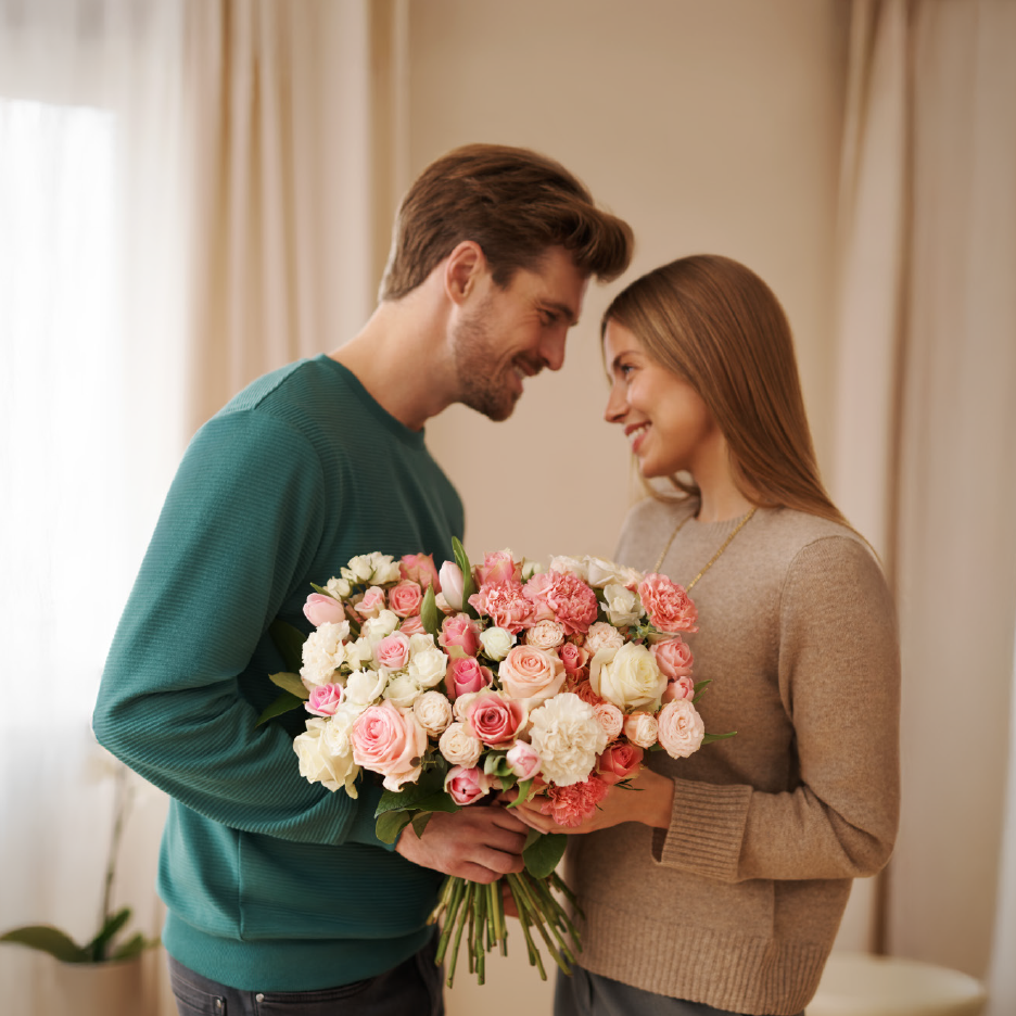 Ένας άντρας δίνει μια μεγάλη ανθοδέσμη με ροζ και λευκά λουλούδια σε μια γυναίκα, και οι δύο χαμογελούν.