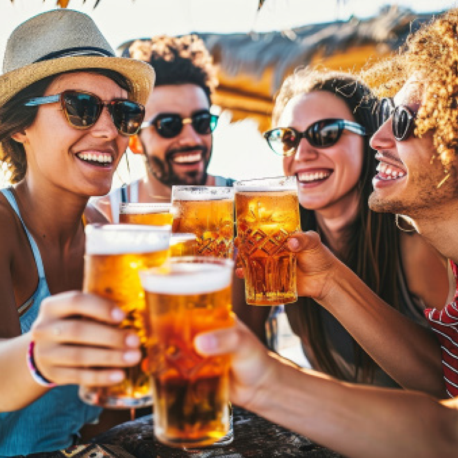 Φίλοι τσουγκρίζουν ποτήρια με μπύρα, γελώντας και απολαμβάνοντας μια ηλιόλουστη μέρα σε εξωτερικό χώρο.