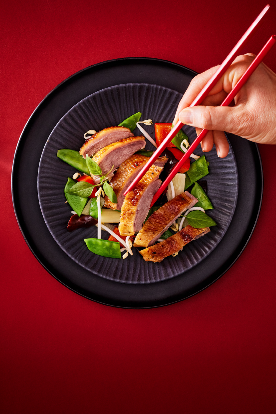 Στήθος πάπιας με σοταρισμένα λαχανικά και κόκκινα ξυλάκια σε μαύρο πιάτο.