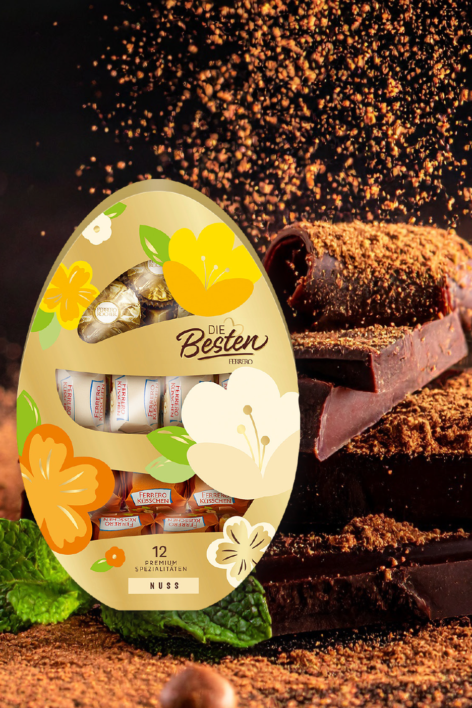 Πασχαλινό κουτί δώρου σε σχήμα αυγού με σοκολατάκια, περιτριγυρισμένο από κομμάτια σοκολάτας και σκόνη κακάο.