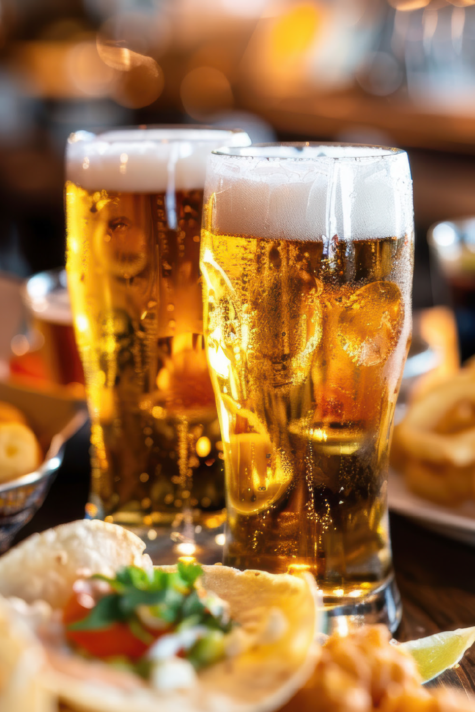 Δύο ποτήρια μπύρα με αφρό, περιτριγυρισμένα από ορεκτικά όπως τάκος και ροδέλες κρεμμυδιού.