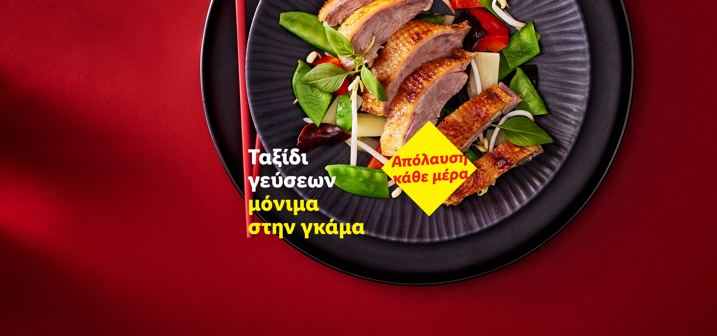 Στήθος πάπιας με λαχανικά και chopsticks σε μαύρο πιάτο, με κείμενο: «Απόλαυση κάθε μέρα» και «Ταξίδι γεύσεων, μόνιμα στην γκάμα»