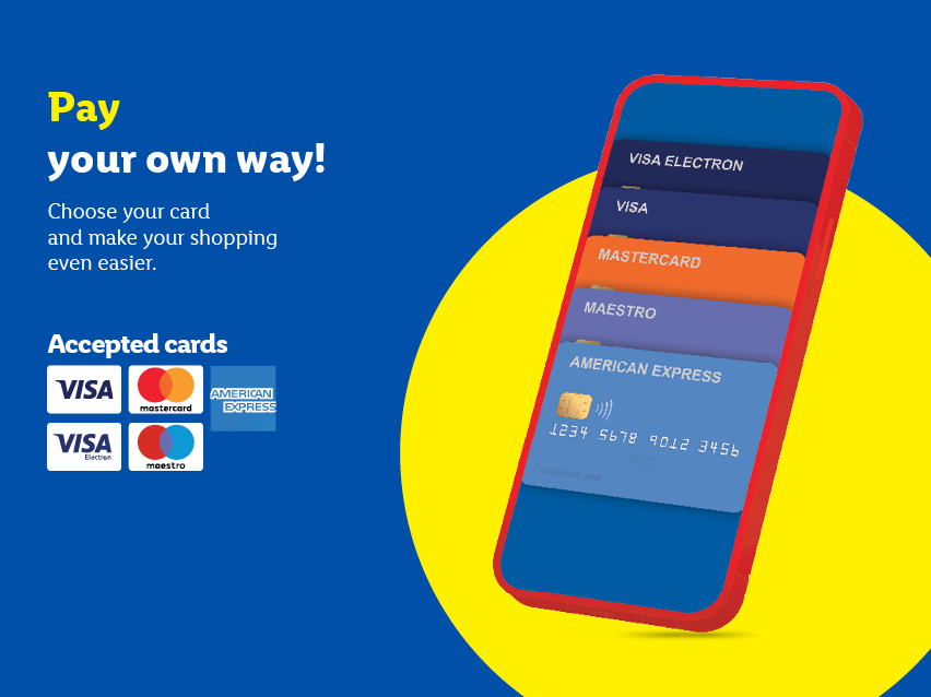 Mobile phone displaying various payment cards, with text about paying your own way.