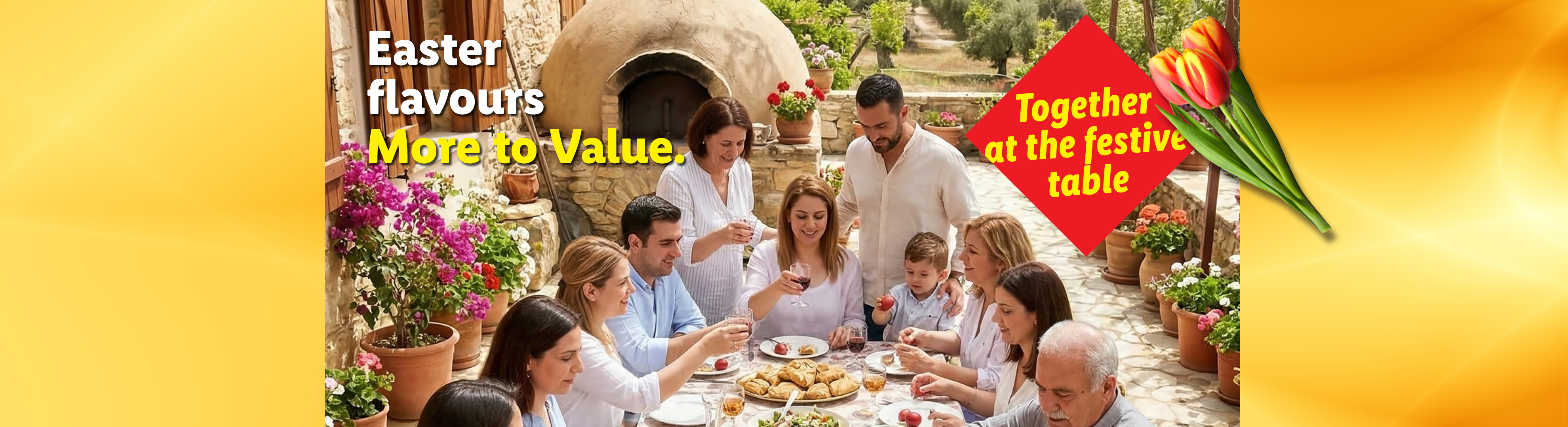 Family enjoying Easter meal outdoors, with text: 'Easter flavours, More to Value. Together at the festive table'