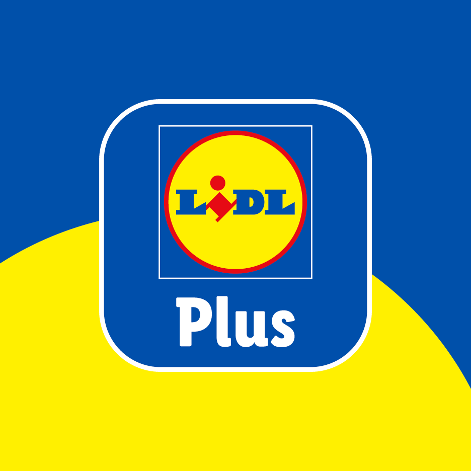 Λογότυπο της εφαρμογής Lidl Plus σε μπλε και κίτρινο φόντο.
