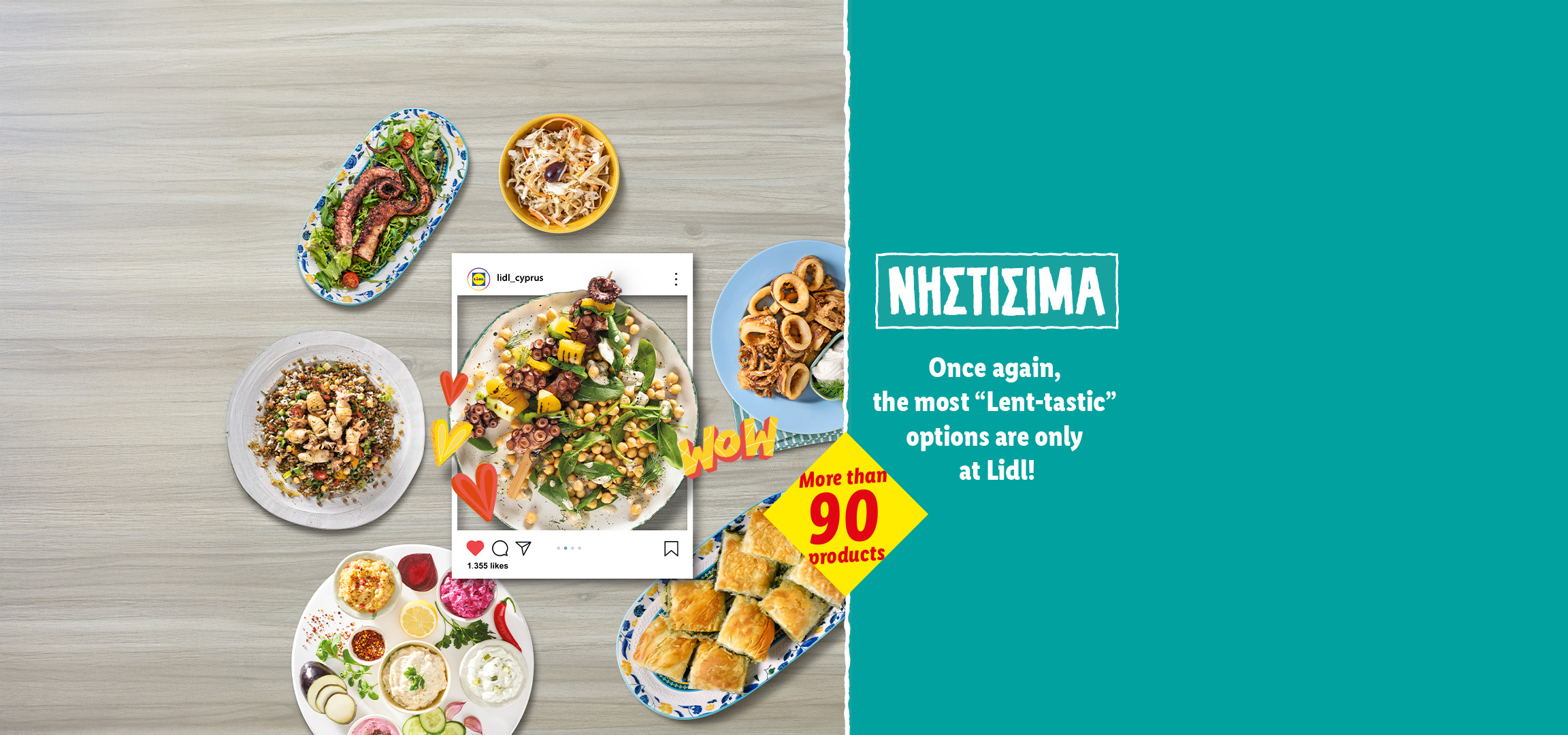 Lenten dishes, including octopus salad, calamari, and pastries, with text about over 90 Lenten products.